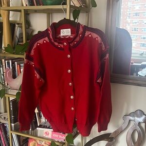 Nordic Nomad Red Button-Up Cardigan with Patterned Sleeves